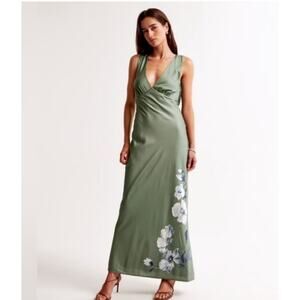 Abercrombie & Fitch Satin Maxi Dress Green Petite L Floral Hem